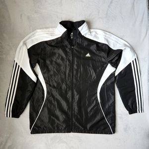 NWOT Black Adidas Windbreaker Jacket with Mesh Lining and Zip In Hood, Size XL